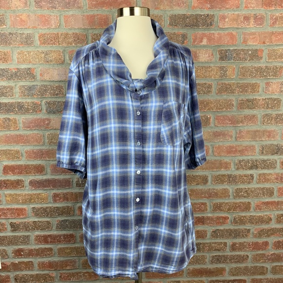 Vince Plaid Cowl Neck Button Up, Sz M - Picture 2 of 8